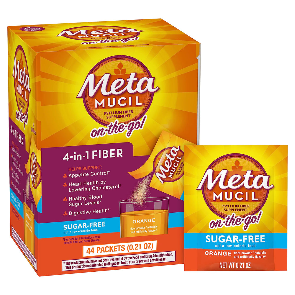 Metamucil empaque frontal mostrando sobres y beneficio de fibra portátil