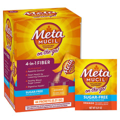 Metamucil empaque frontal mostrando sobres y beneficio de fibra portátil