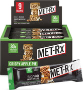 MET-Rx caja frontal de Big 100 Crispy Apple Pie con 9 barras para conveniencia