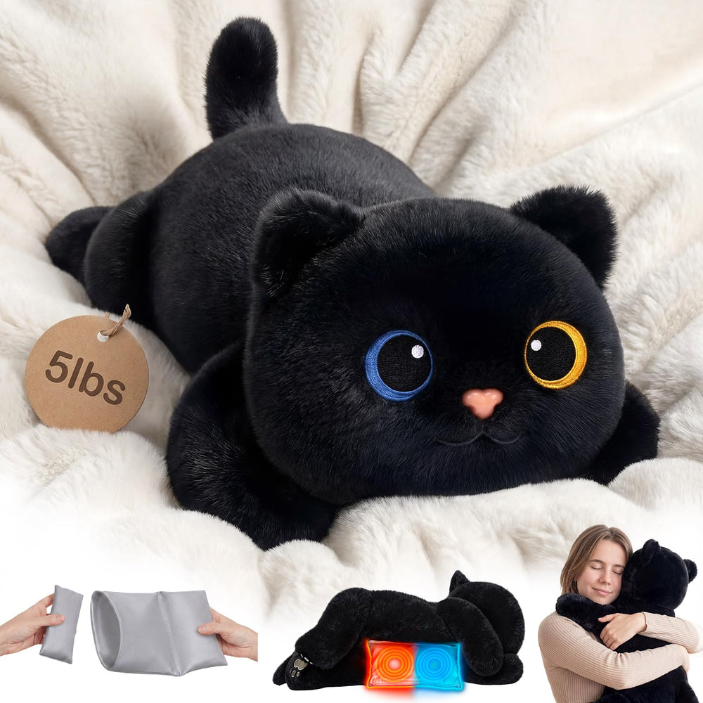 Mewaii gato negro frontal mostrando forma y pelaje ultrasuave para abrazos