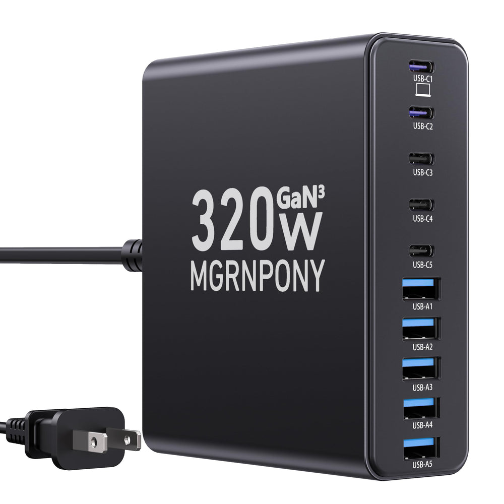 MGRNPONY front view showing 10 ports and sleek black finish, neat desk benefit