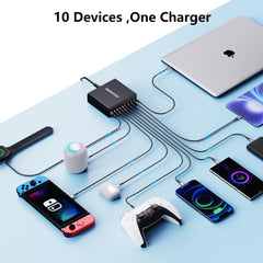 MGRNPONY powering laptop and phones on a desk, reduces cable clutter benefit