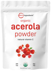 Micro Ingredients front packaging showing 8oz organic acerola powder and benefits