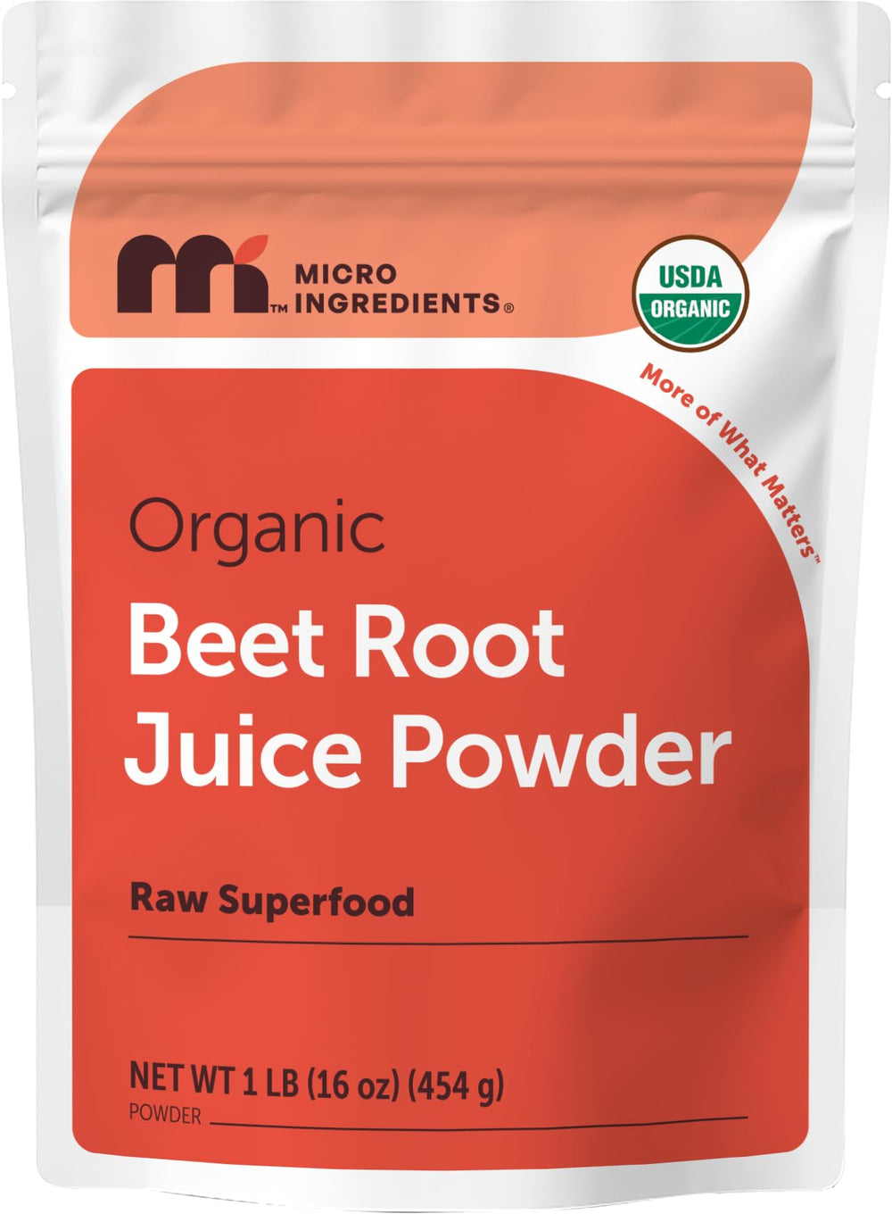 Micro Ingredients front packaging showing 1 pound beet powder and clear labeling benefits