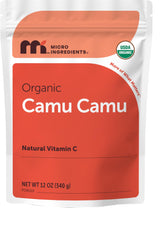 Micro Ingredients front packaging showing organic camu camu pouch benefit of clear labeling
