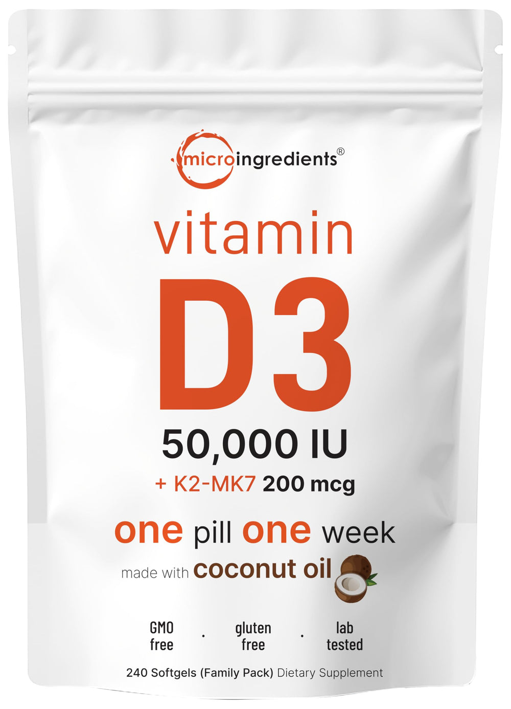 Micro Ingredients envase frontal mostrando 240 softgels y beneficio de suministro familiar