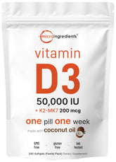 Micro Ingredients envase frontal mostrando 240 softgels y beneficio de suministro familiar