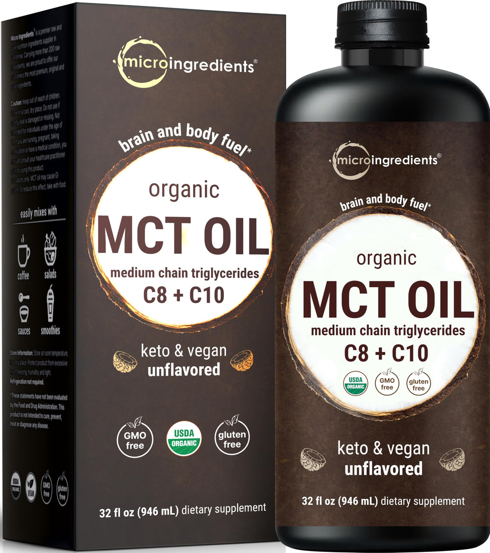 Micro Ingredients frente de botella MCT 32 oz mostrando diseño y tamaño