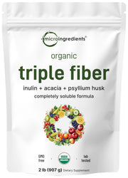 Micro Ingredients envase frontal del polvo triple fibra, presentación clara y orgánica