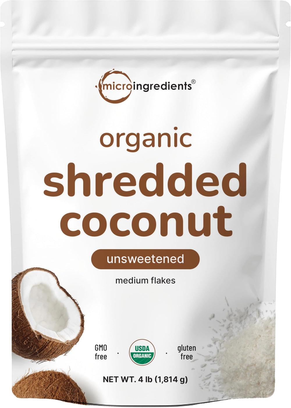 Micro Ingredients front packaging showing 4 lb organic shredded coconut flakes, bulk convenience
