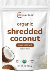Micro Ingredients front packaging showing 4 lb organic shredded coconut flakes, bulk convenience