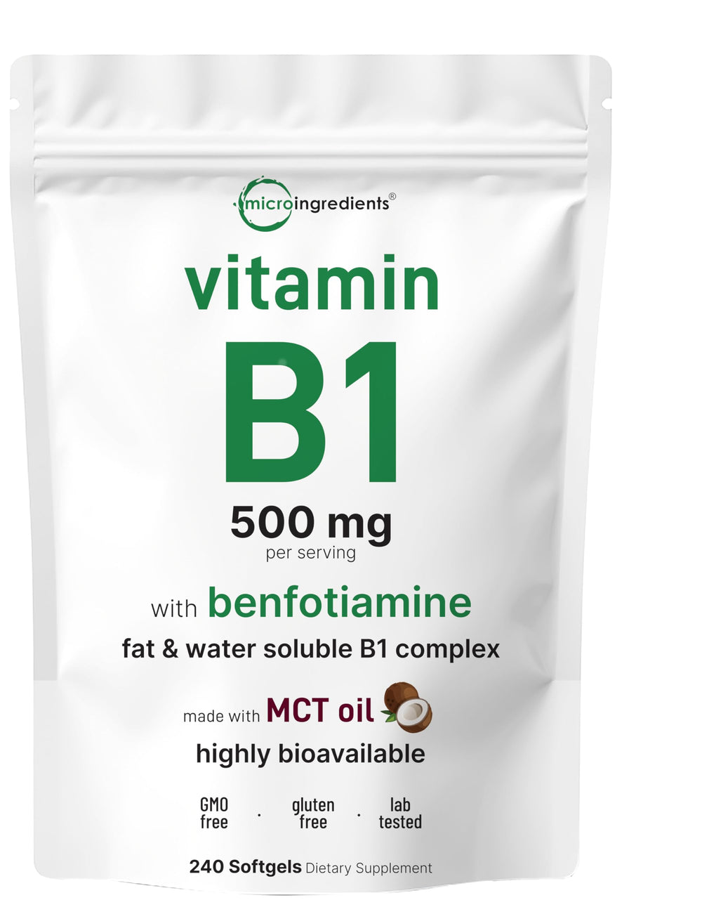 Micro Ingredients producto frontal mostrando 240 softgels y beneficios de dosis