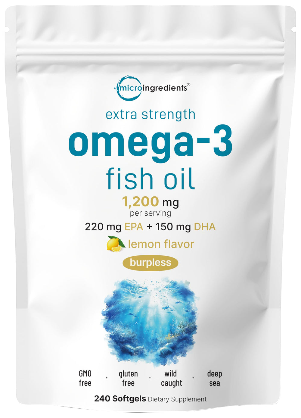 Micro Ingredients botella frontal mostrando 240 softgels y beneficios concentrados