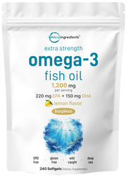 Micro Ingredients botella frontal mostrando 240 softgels y beneficios concentrados