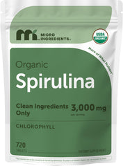 Micro Ingredients envase frontal de spirulina mostrando diseño y tamaño