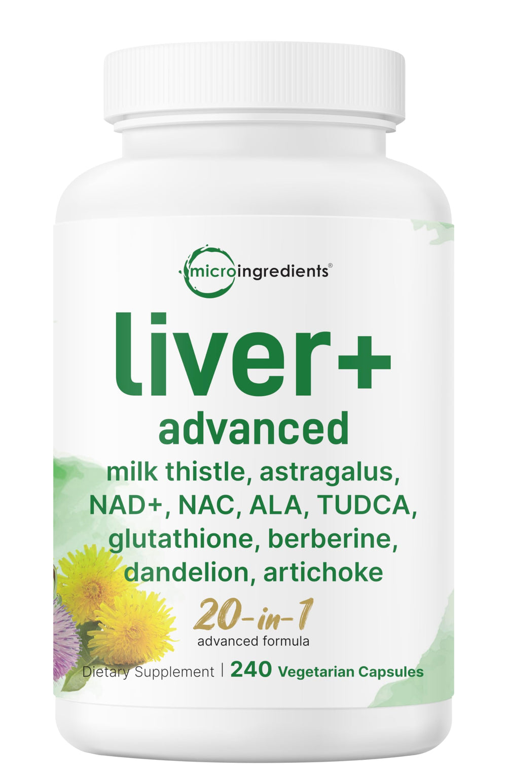 Micro Ingredients frasco frontal de Liver Advanced+ mostrando la etiqueta y duración