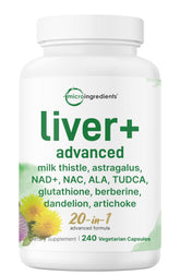 Micro Ingredients frasco frontal de Liver Advanced+ mostrando la etiqueta y duración