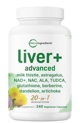 Micro Ingredients frasco frontal de Liver Advanced+ mostrando la etiqueta y duración