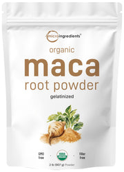 Micro Ingredients envase frontal mostrando maca gelatinizada y sello orgánico