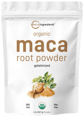 Micro Ingredients envase frontal mostrando maca gelatinizada y sello orgánico