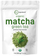 Micro Ingredients front packaging showing 1 lb matcha and organic label for freshness