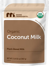 Micro Ingredients envase frontal del polvo de leche de coco con descripción visible y beneficio