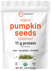 Micro Ingredients pouch front showing 4 lb organic pumpkin seeds and clear label benefit