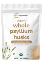 Micro Ingredients empaque frontal de psyllium husks muestra 3 lb y pureza orgánica