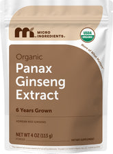 Micro Ingredients front pouch showing organic red ginseng product and clear labeling for convenience