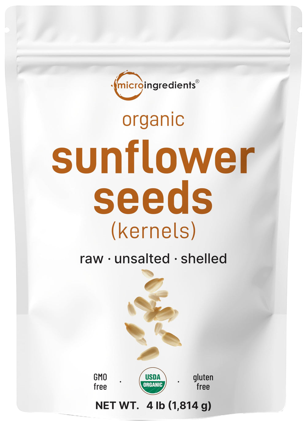 Micro Ingredients empaque frontal mostrando semillas de girasol orgánicas y ahorro