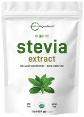Micro Ingredients envase frontal de stevia orgánica mostrando presentación y cantidad