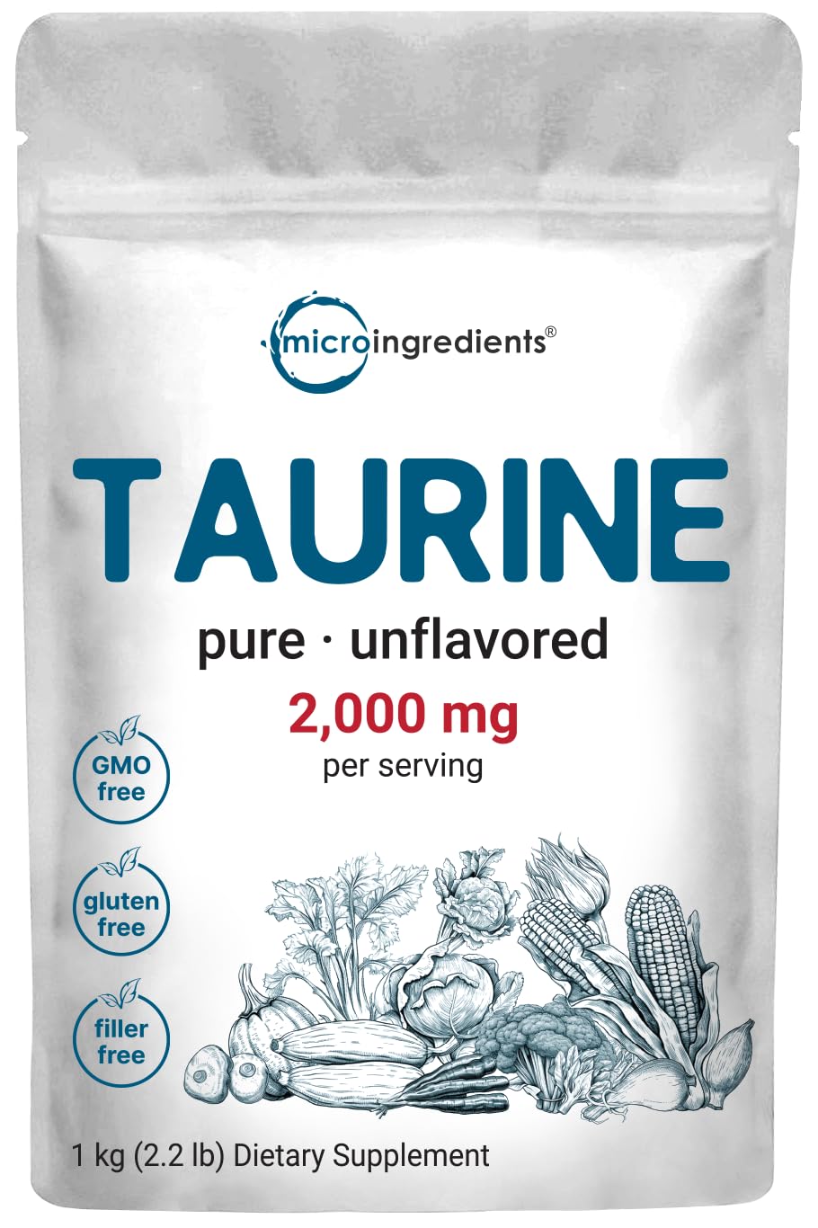 Micro Ingredients envase frontal de taurina 1 kg, compra a granel práctica