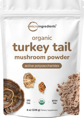 Micro Ingredients frasco frontal de Turkey Tail orgánico muestra etiqueta clara y tamaño