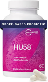 Microbiome Labs HU58 front bottle view showing label and 60 count benefit