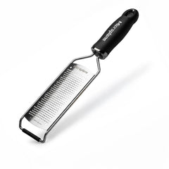 Microplane gourmet fine grater front view showing compact black handle and blade for precise results