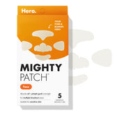 Mighty Patch empaque frontal mostrando cinco parches y beneficio cobertura amplia