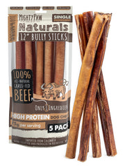 Mighty Paw empaque frontal mostrando bully sticks, detalle de calidad
