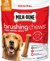 Milk-Bone bolsa frontal mostrando 25 golosinas y beneficio práctico