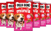 Milk‑Bone empaque frontal mostrando seis cajas y beneficio práctico