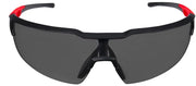 Milwaukee gafas de seguridad vista frontal con marco negro y lentes tintadas, protección cómoda