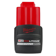 Milwaukee M12 battery front packaging showing compact design and portability