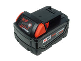 Milwaukee M18 battery front pack showing model and extended runtime benefit
