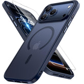 Miracase frontal de la funda para iPhone 17 Pro mostrando acabado azul oscuro y ajuste preciso