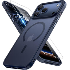 Miracase frontal de la funda para iPhone 17 Pro mostrando acabado azul oscuro y ajuste preciso