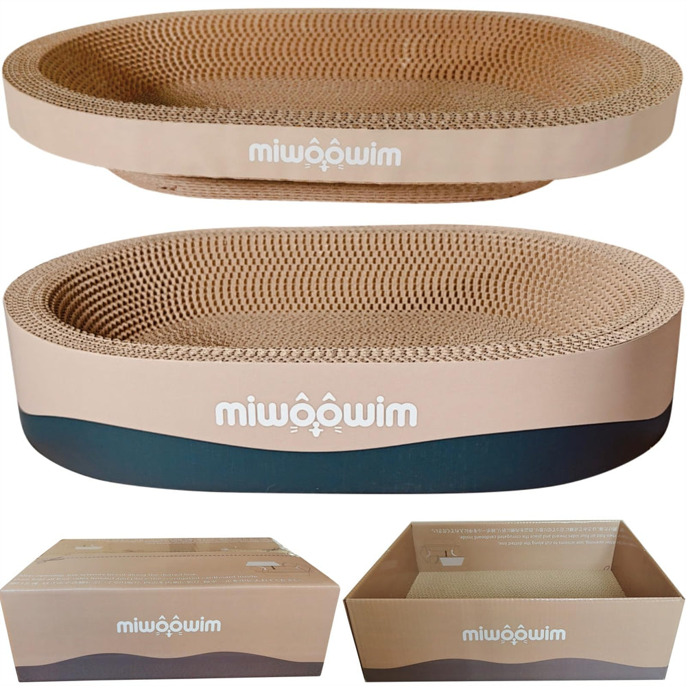 miwoowim rascador ovalado frontal mostrando forma cómoda y función