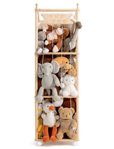mloong front view of wood zoo cage showing organized plush toys and tidy storage