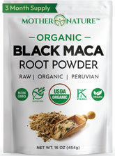 Mother Nature Organics front packaging shows organic black maca and clear label benefits