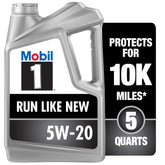 Mobil 1 front label on 5W-20 five-quart bottle showing brand and product benefits