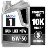 Mobil 1 front bottle view showing 5 quart size and durable packaging benefit