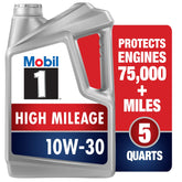 Mobil 1 front label on 5 quart bottle showing product identity and benefits